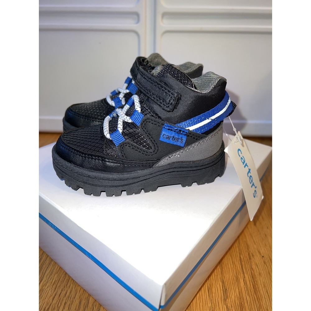 Carters Toddler Boys Black Blue Hiking Boots Hook Loop Strap Rugged Sole NWT